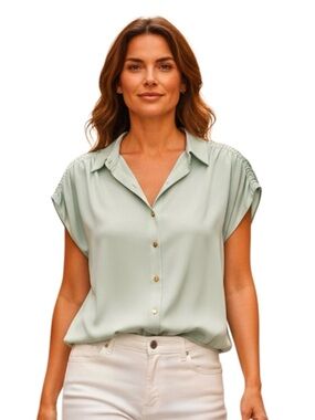 Donna Karan New York Ruched-Shoulder Short-Sleeve‎ Blouse, Lt Sage Green, Sz. SP